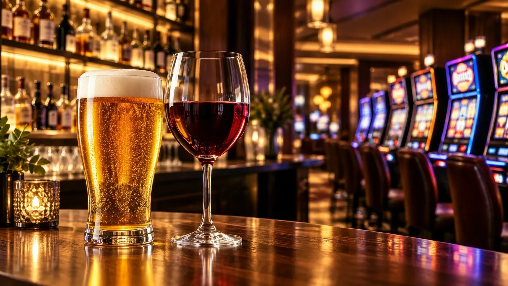 Glass of beer and glass of red wine on a bar counter